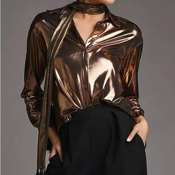 Anthropologie Shine  Gold Button Down Shirt  L - Picture 14 of 16